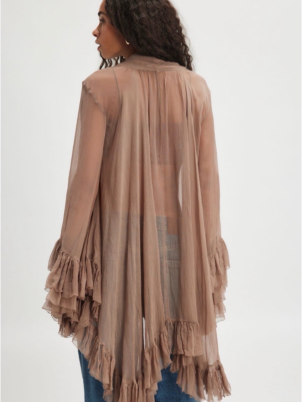 Free People Brown Sheer Ruffle-Trim Women's Blouse - Picture 3 of 3